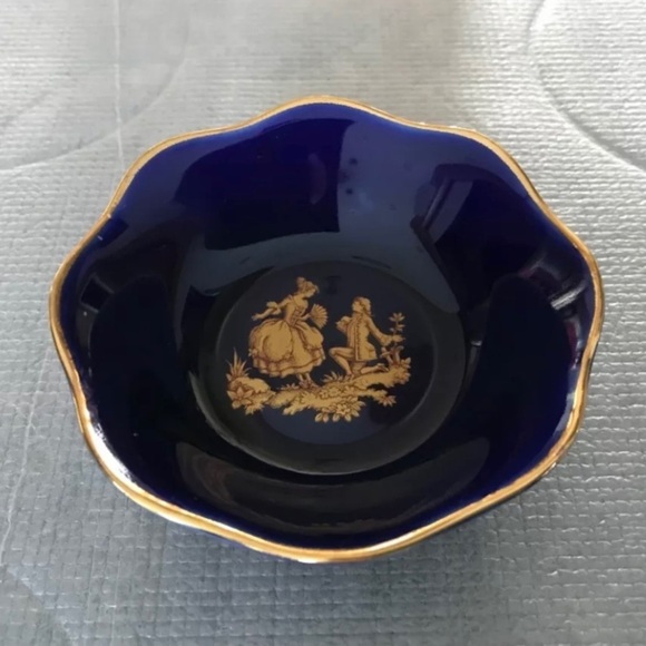 Limoges France Cobalt Blue Porcelain Couple Mini Trinket Dish Blue Gold Proposal